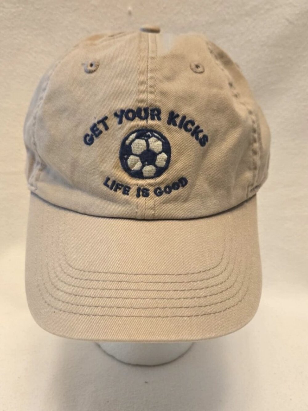 LIFE IS GOOD "Get Your Kicks" Soccer Ball - Men's Tan Baseball Cap.  * EUC *
